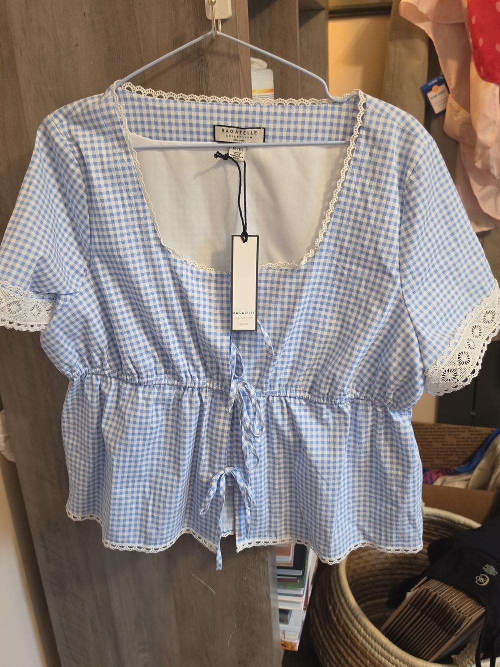 Nwt bagatelle Blue and White Gingham Lace Trim Peplum Blouse XL Cottage Milkmaid